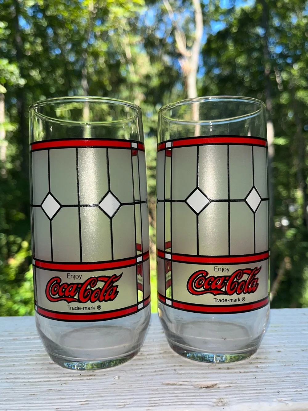 Pair of Vintage Libbey Coca-Cola Tiffany Stained Glass Style 